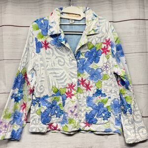 Norm Thompson Floral Quilted Jacket size M Blue Pink Cotton Cottagecore Vintage